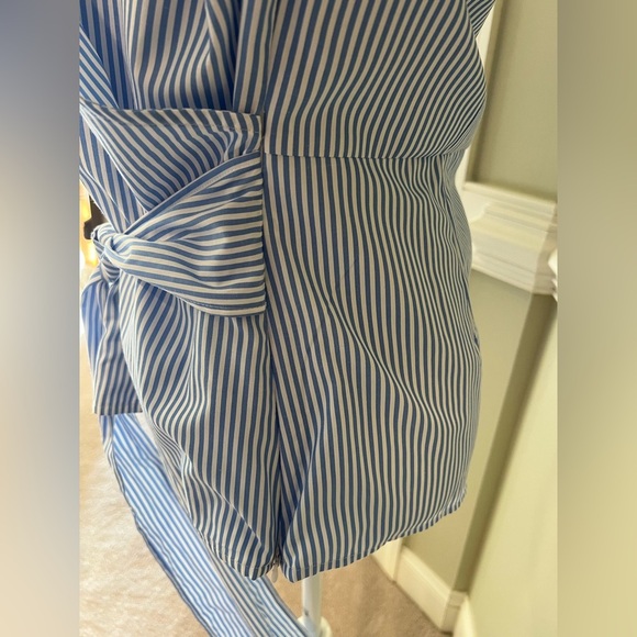 INC International Concepts New Blue and White Pinstripe wrap/tie zippered blouse - Picture 8 of 10